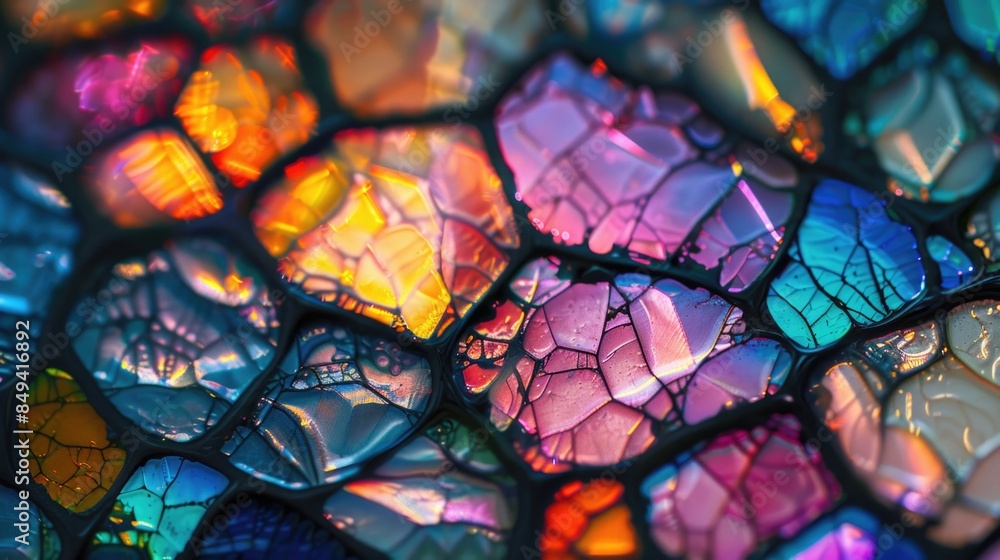 Poster close-up view of a stained glass surface with intricate designs and colors