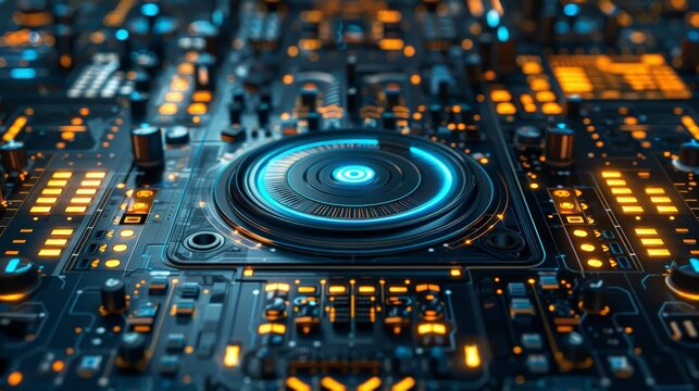 The image is of a dj turntable with a blue light shining on it. The background is black with yellow and orange lights.