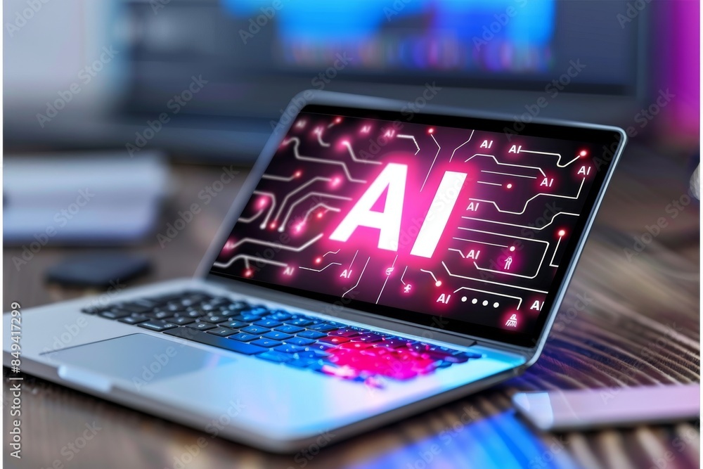 Poster modern laptop displaying vibrant ai logo, encapsulating the user friendly and accessible nature of a