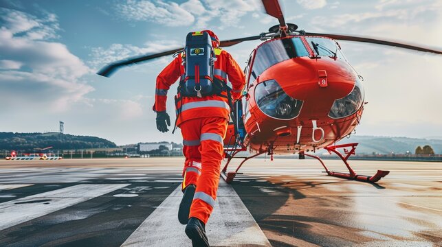Paramedic rushing to helicopter on helipad for emergency service, symbolizing rescue, aid, hope