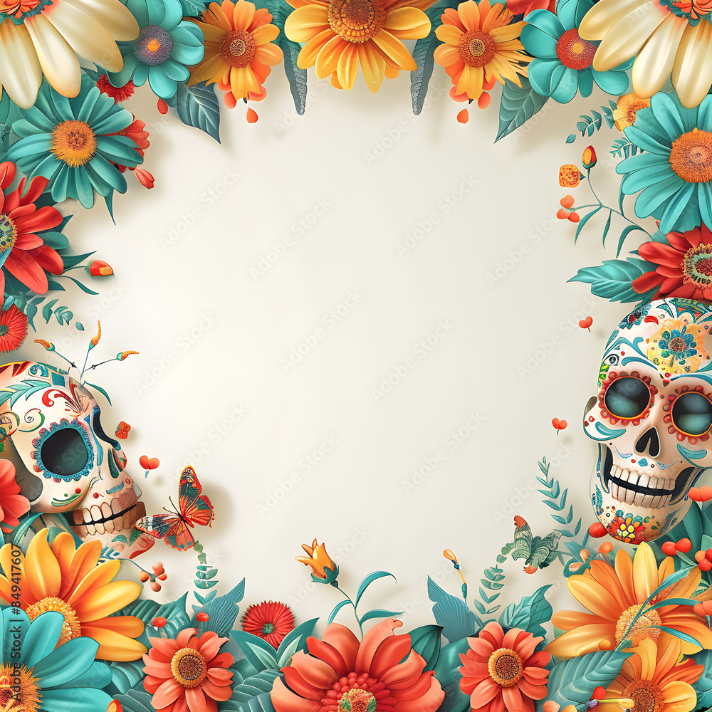 Poster a colorful frame with a skull and a butterfly in the center