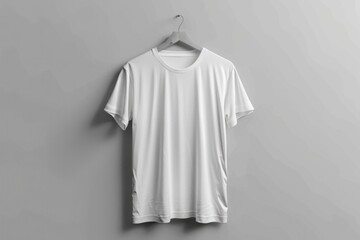 A white t-shirt hanging on a hanger, isolated on a plain background
