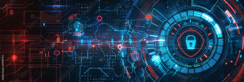 Aufkleber Abstract depiction of cybersecurity elements, including digital locks, shields, and network nodes, protected by AI algorithms. The design is futuristic and sophisticated. Generative AI