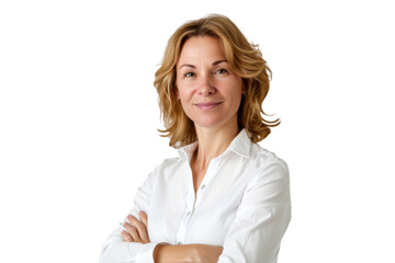 Portrait of executive woman with short hair wear white suit looking at camera isolated on transparent background.
