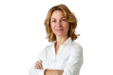 Portrait of executive woman with short hair wear white suit looking at camera isolated on transparent background.