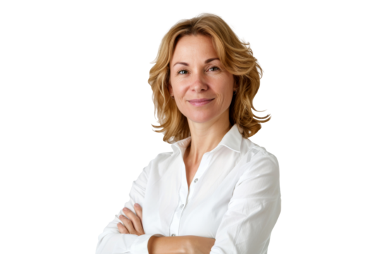 Portrait of executive woman with short hair wear white suit looking at camera isolated on transparent background. - Powered by Adobe