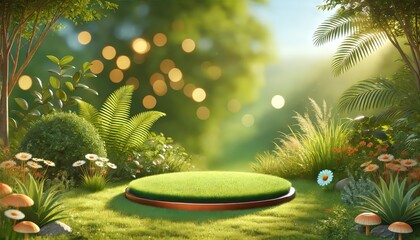 Grassy Surface with Small Flowers and Green Plants for Product Photography, Generic backround for product display montage