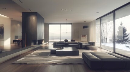 Experience the beauty of minimalist living with this sleek and stylish living room, designed for modern living