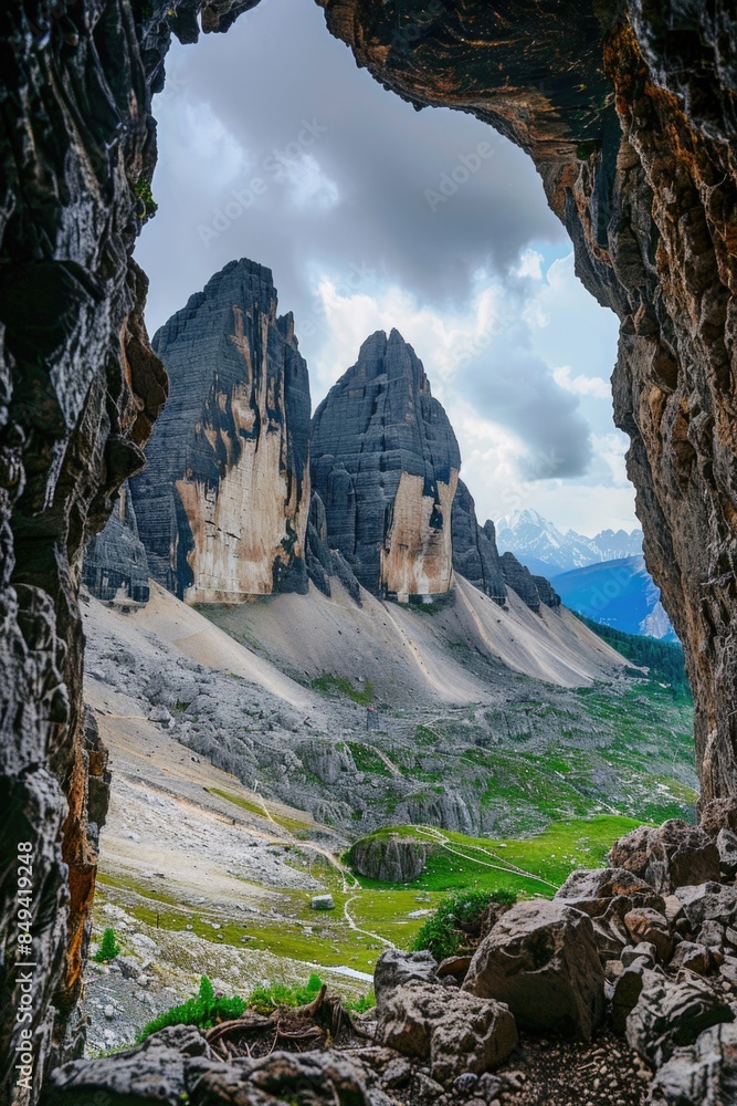 Poster A view of the mountains from inside a cave entrance, with natural light filtering through the opening