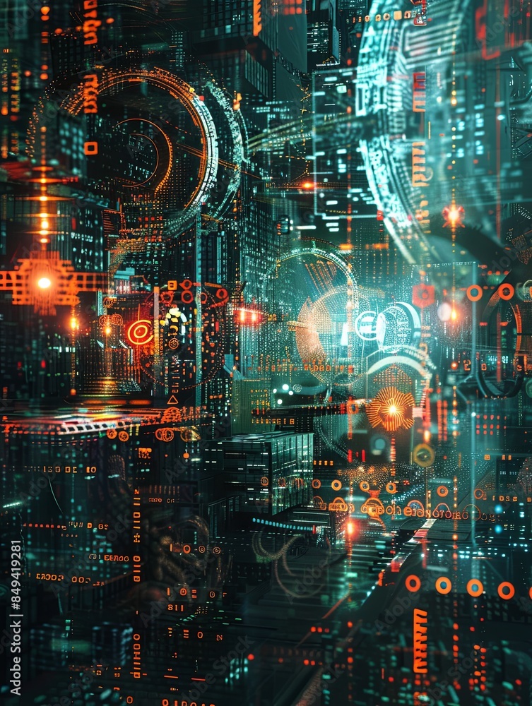 Aufkleber an abstract depiction of cybersecurity elements, such as digital locks, shields, and network nodes, 