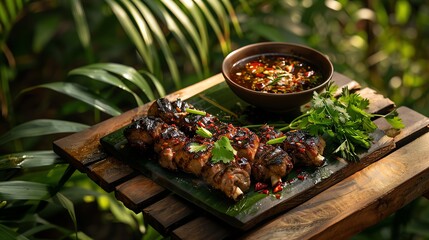 Spicy Thai grilled pork neck served with nam jim jaew dipping sauce and fresh herbs
