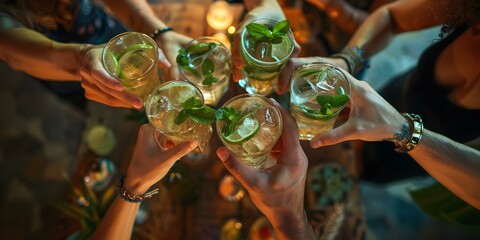 Top view of friends cheering with mojito cocktails at a bar. Concept Friendship, Cheers, Cocktails, Top View, Night out