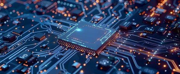 Close up of microchip circuit with neon, orange, and blue lights in detail. Futuristic server printed circuit board. Futuristic server code processing circuit board.