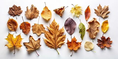 Various kinds of dry leaves isolated on background, dry leaves, autumn, fall, foliage, nature, botanical, organic, seasonal