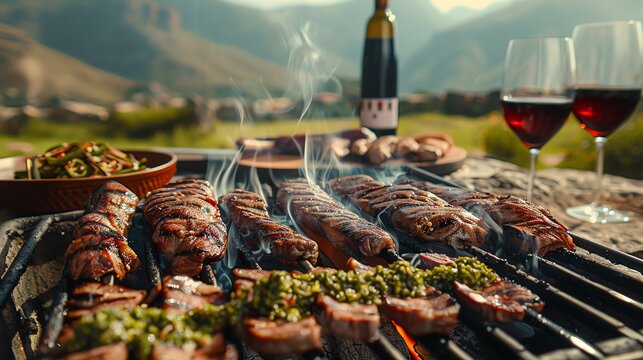 Succulent Argentine asado with various cuts of meat on a parrilla grill