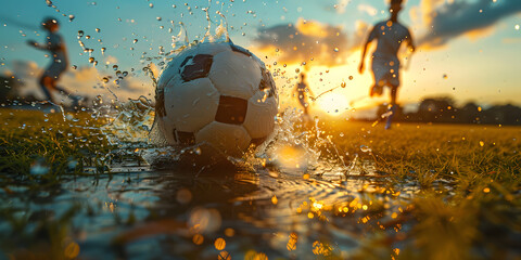 football or soccer player running fast and kicking a ball while training and playing a match at dramatic stadium shot. dynamic active pose of skill development success in sports