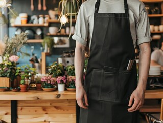 Young man wearing empty black apron mockup standing in a cozy and modern kitchen or cafe