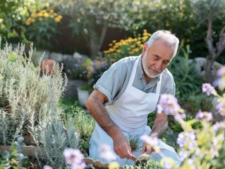 Fototapeta premium Senior man tending garden, dressed in white apron, surrounded by flowers and plants, with a serene and focused expression, sunny day.