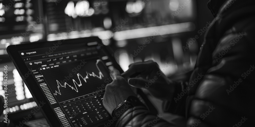 Poster a person typing away on their laptop in a darkened room with a single source of light