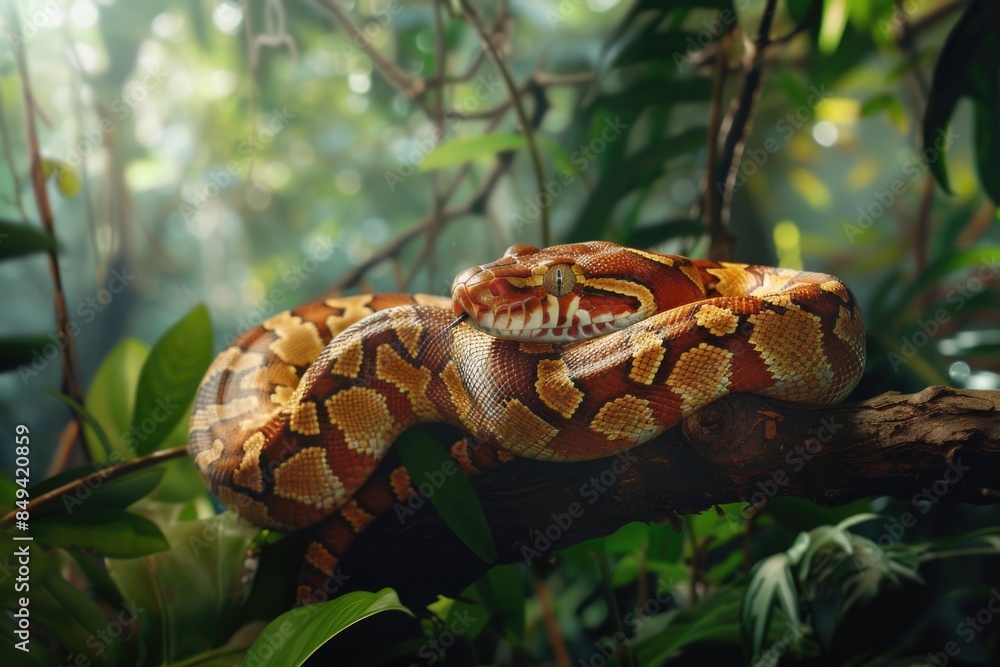 Poster A close-up shot of a snake curled around a branch, its scales and texture visible