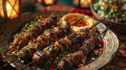 Tender Lebanese lamb kebabs with a side of tabbouleh and hummus, styled in a Middle Eastern market scene with colorful fabrics and lanterns, under warm, ambient lighting