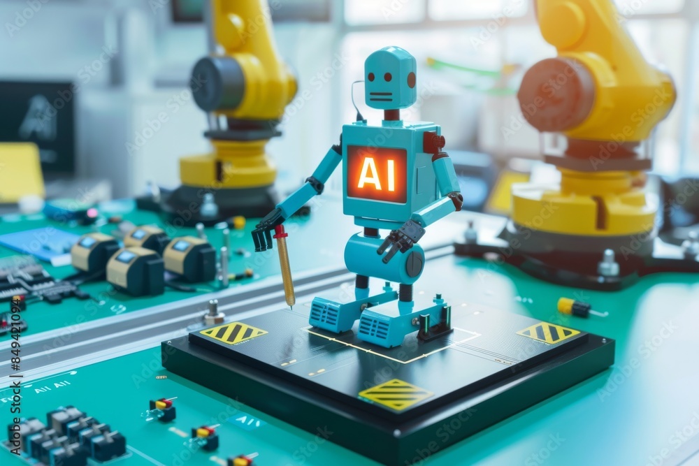 Poster miniature ai robot in a tech workshop, exploring circuit boards and electronic components with curio