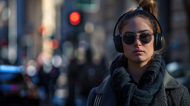 A young woman sporting sunglasses and headphones strolls down the street