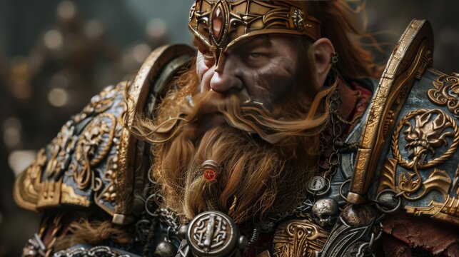 The image shows a male dwarf with a long beard and wearing a suit of armor