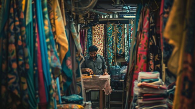 The image shows a man sitting in a market surrounded by colorful fabrics.