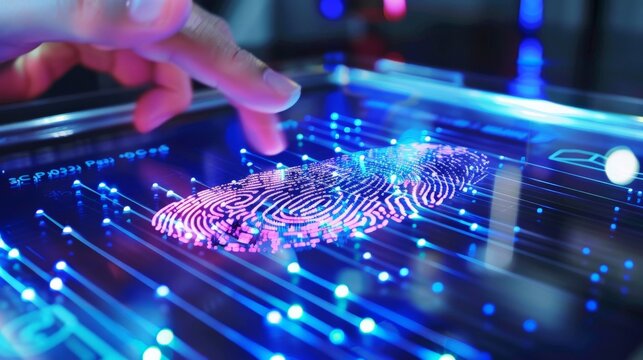 The image shows a person touching a fingerprint scanner. The scanner is surrounded by blue light. The image is about security and technology.
