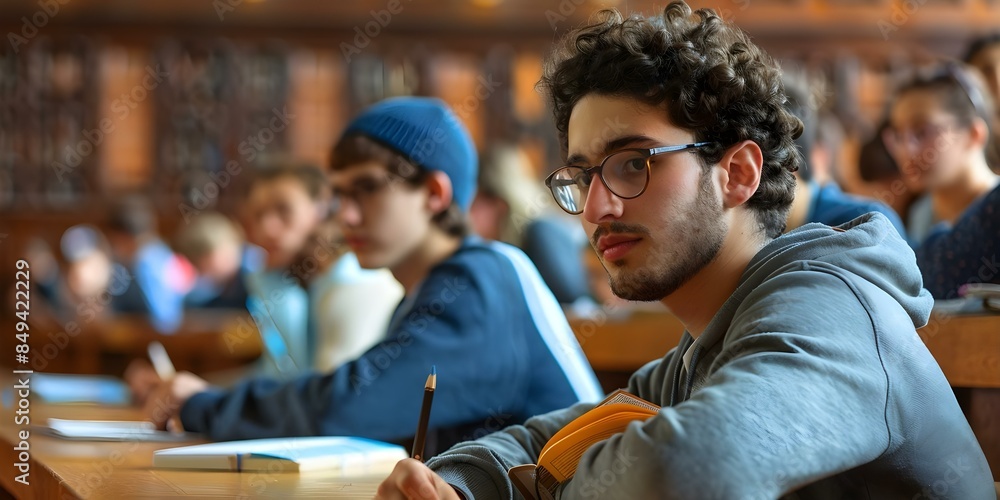Poster attentive student diligently takes notes in crowded university lecture hall surrounded by peers. con