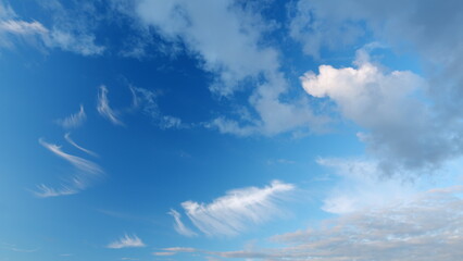 Tropical summer sunlight. Blue sky with cirrus clouds. Fluffy layered cirrus clouds sky atmosphere. Timelapse.