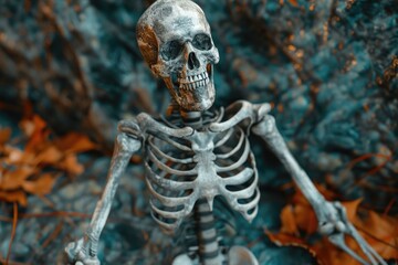 A skeleton sits next to fallen leaves in an autumnal setting, suggesting a connection to Halloween or fall-themed content