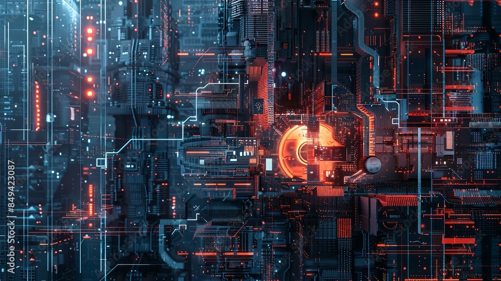 Poster futuristic abstract artwork depicting cybersecurity elements protected by ai algorithms. generative 