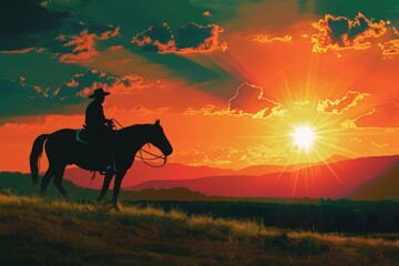 A person rides a horse on a green hill, offering a peaceful scene