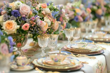 Naklejka premium A beautiful close-up of a table at the Bastille Ball in France, featuring stunning floral centerpieces and delicate china. The intricate details create a captivating and luxurious atmosphere.