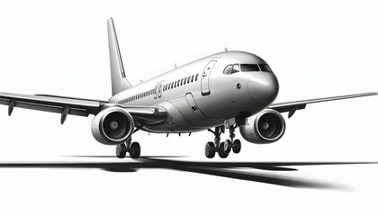 Realistic Commercial Airplane Landing with white background