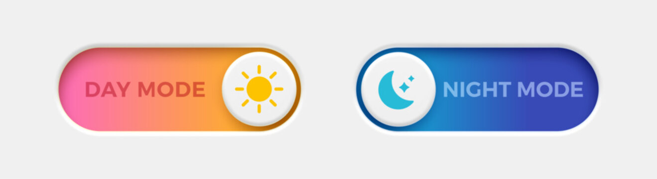 On and Off toggle switch buttons. Day and night mode switch button. Dark mode, light mode. Material design switch buttons set. Vector illustration.