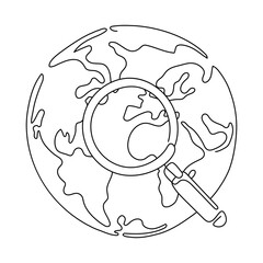 Line drawing of planet world with search. Traveling and route finding concept. The line of the planet Earth