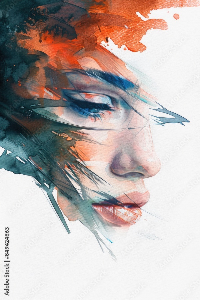 Wall mural a portrait of a woman with bright orange hair and a calm expression