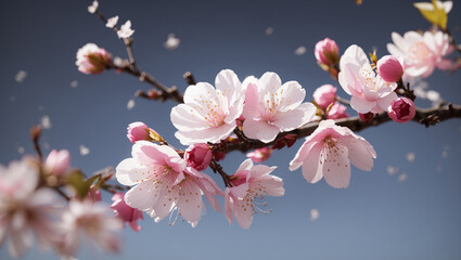 A branch of a tree with delicate pink blossoms against a pale blue sky. Some petals are floating away from the branch.