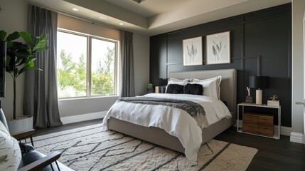 Infuse your bedroom with modern charm in shades of gray, blending sleek furnishings and minimalist decor for a tranquil retreat