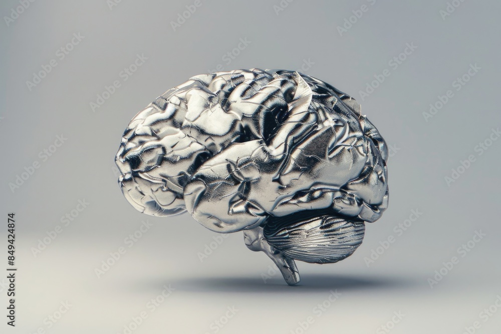 Aufkleber A close-up view of a metal brain model on a white surface, perfect for illustrating concepts related to artificial intelligence or neuroscience