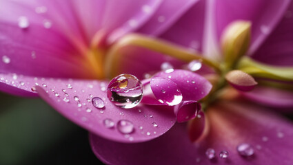 A close-up image of water droplets on a flower petal.

