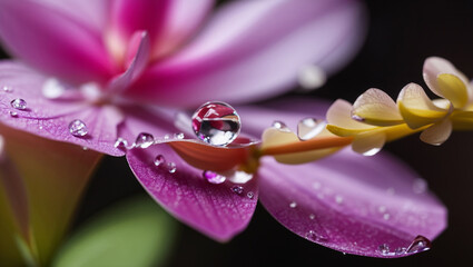 A close-up image of water droplets on a flower petal.

