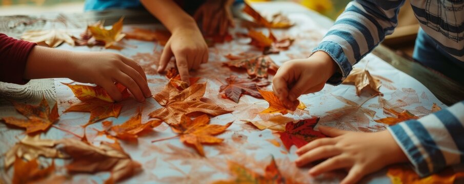 Kids making leaf rubbings for National Homemade Cookies Day, October 1st, capturing autumn colors on paper, 4K hyperrealistic photo.