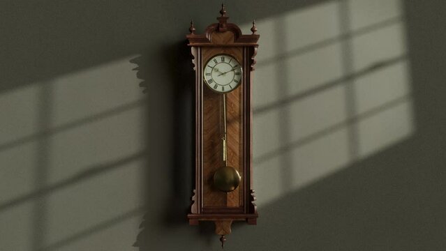 A closeup loop able animation of a swinging pendulum of  a brass and wooden grandfather clock  mounted on a wall