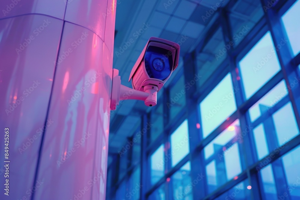 Poster A security camera installed on the side of a building for monitoring purposes