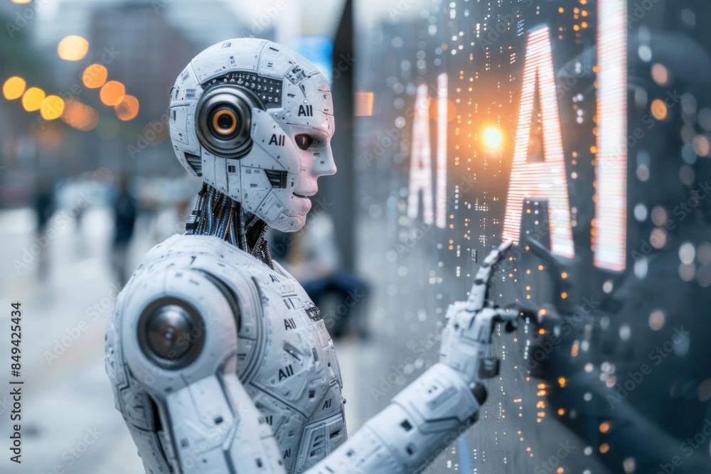 Poster futuristic robot hand engaging with digital interface, sparks in mechanical engineering scene.