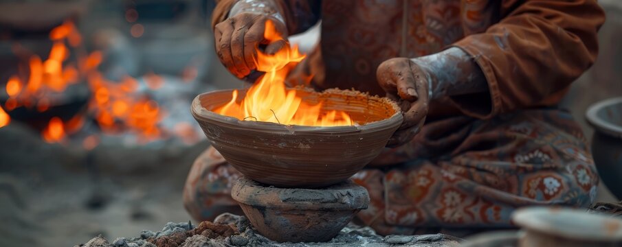 Outdoor pottery firing demonstration, potters and kiln firing, 4K hyperrealistic photo.